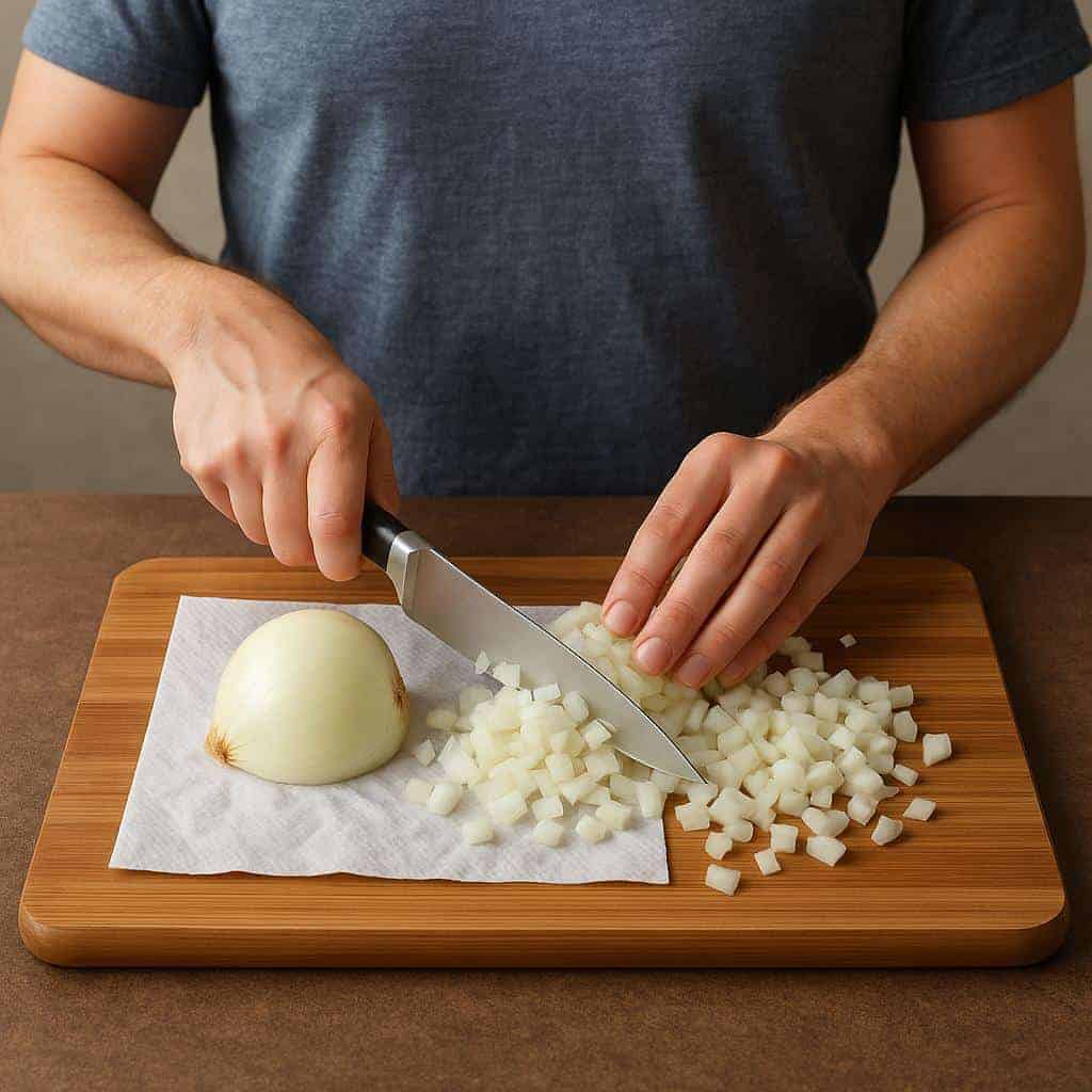 8. Speed Up Onion Chopping with a Wet Paper Towel