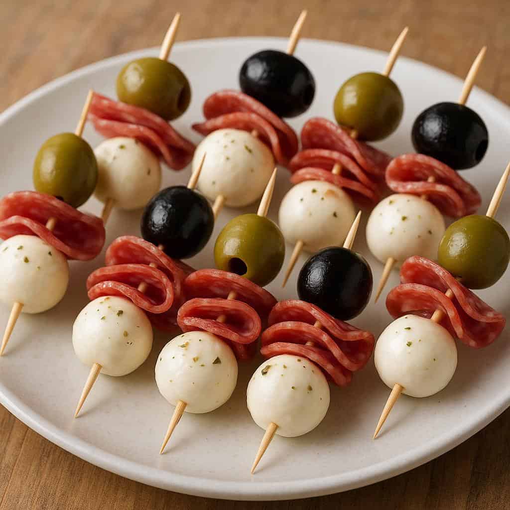 10. Mozzarella, Salami, and Olive Skewers
