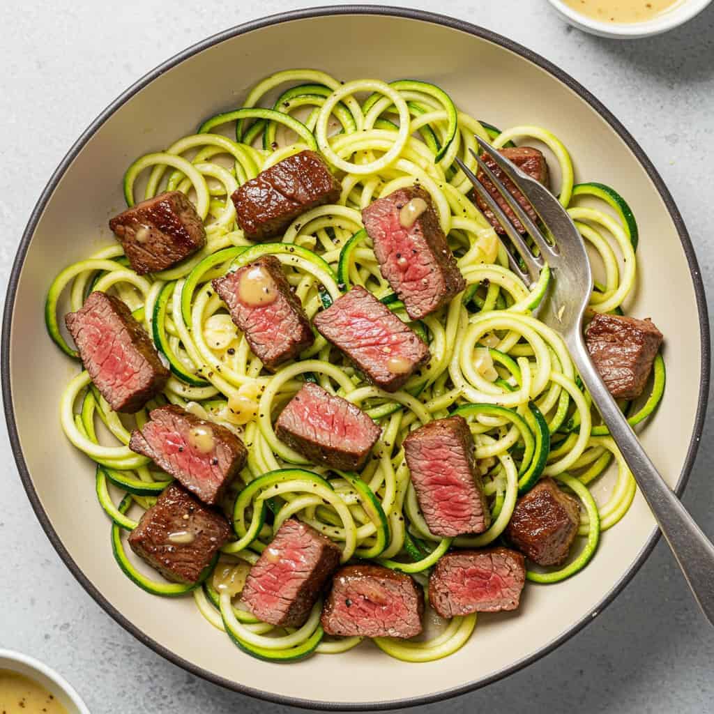 1. Garlic Butter Steak Bites with Zucchini Noodles