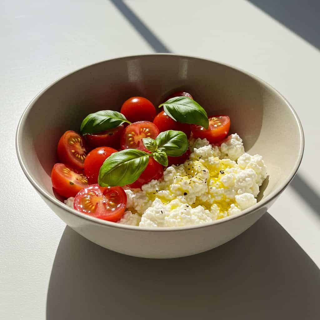 6. Cottage Cheese with Cherry Tomatoes and Basil