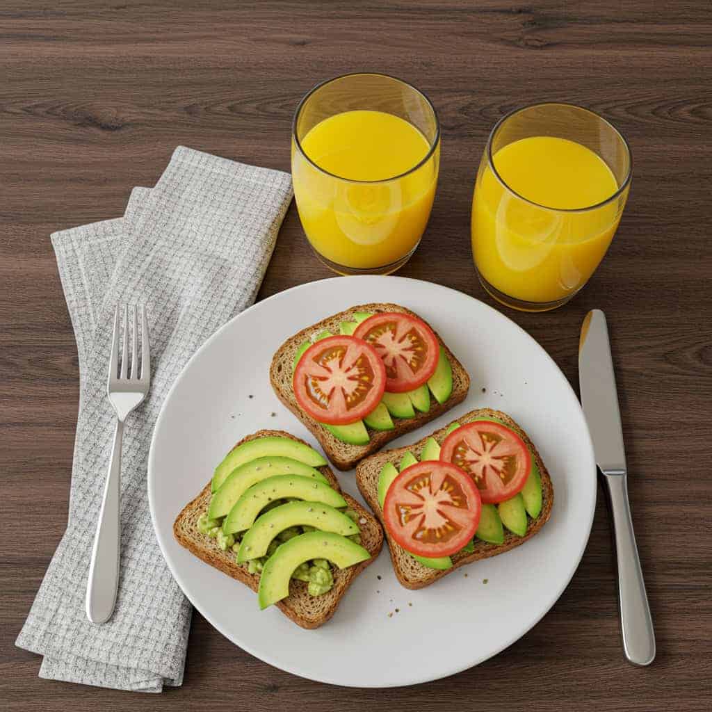 3. Whole-Grain Toast with Avocado and Tomato + Fresh Orange Juice