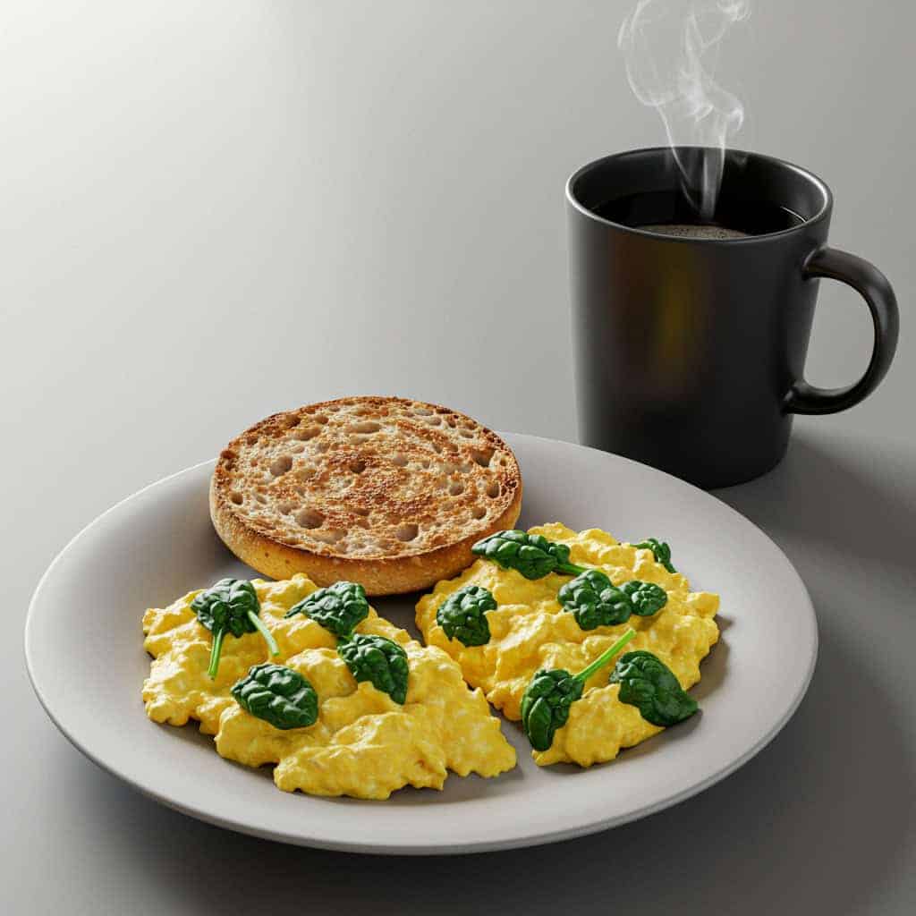 4. Scrambled Eggs with Spinach and Whole-Grain English Muffin + Black Coffee
