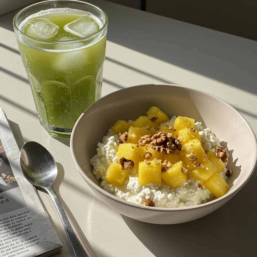 5. Cottage Cheese with Pineapple and Walnuts + Iced Green Tea