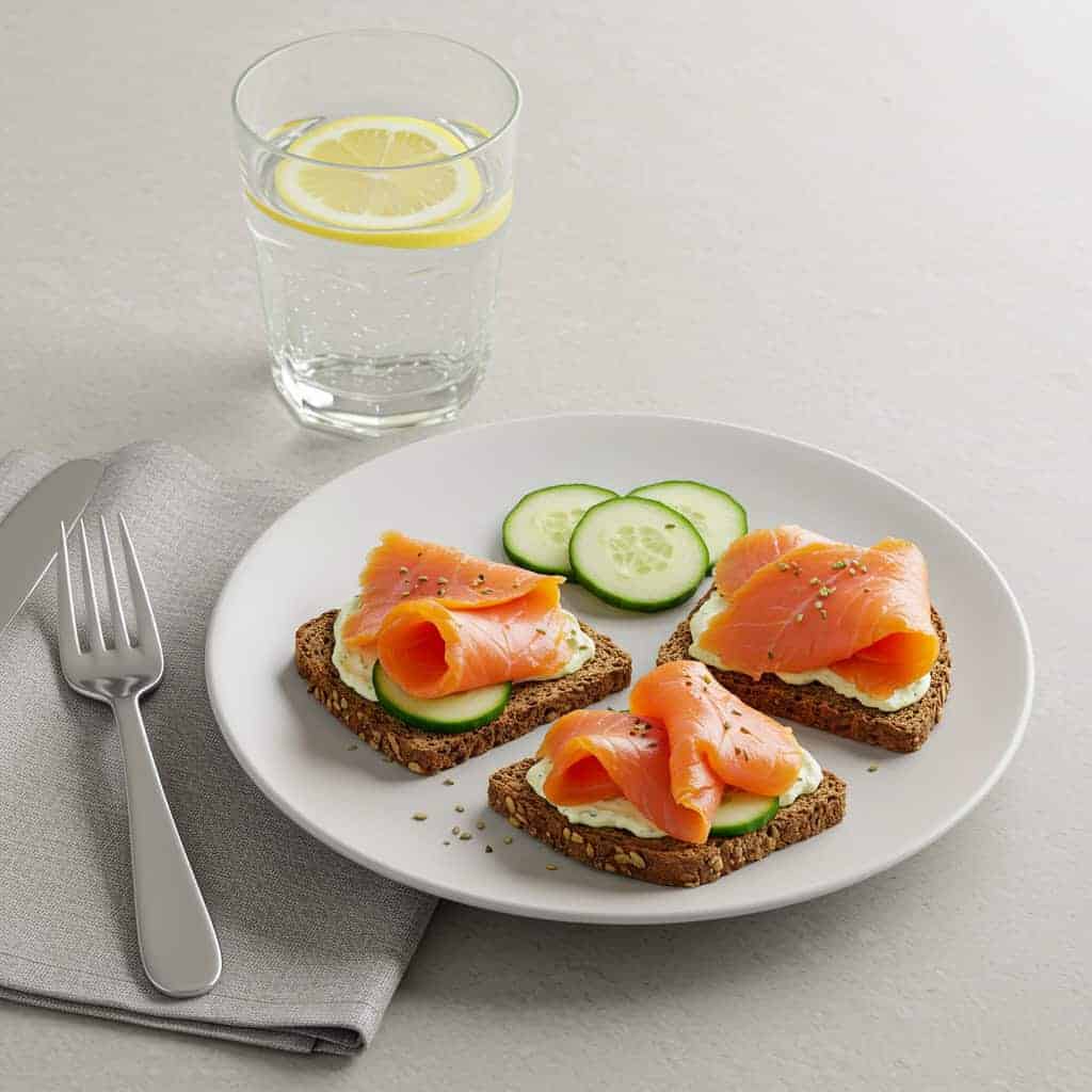 6. Smoked Salmon on Rye with Cucumber Slices + Lemon Water