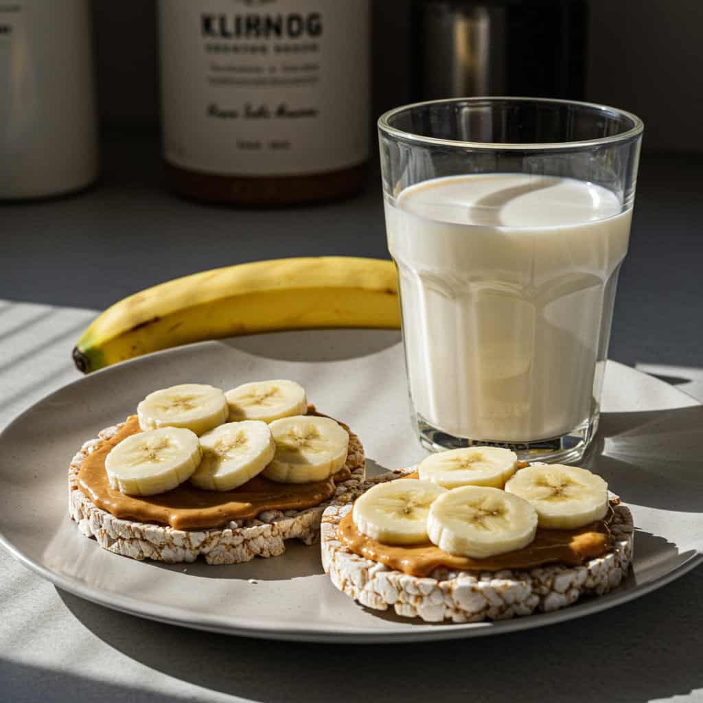 7. Banana and Almond Butter on Rice Cakes + Low-Fat Milk