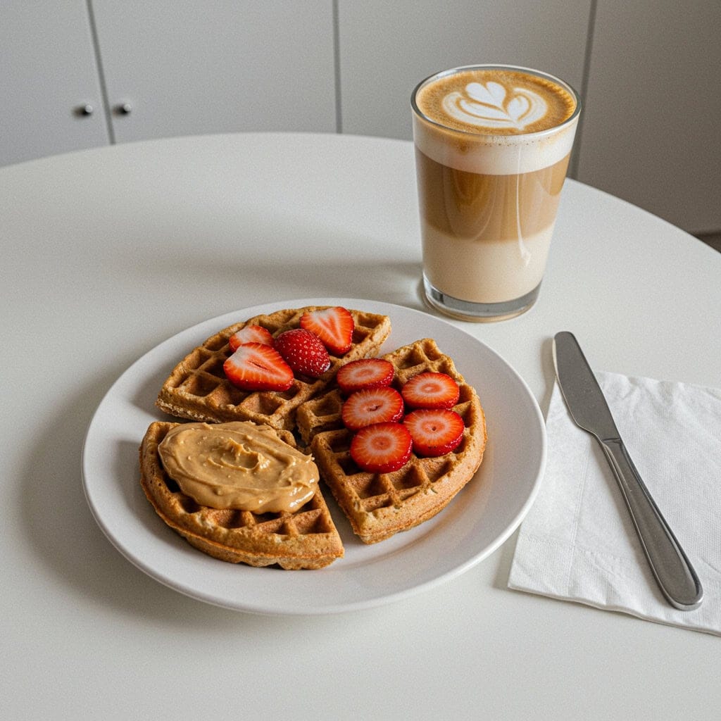 9. Peanut Butter and Sliced Strawberries on Whole-Grain Waffles + Skim Latte