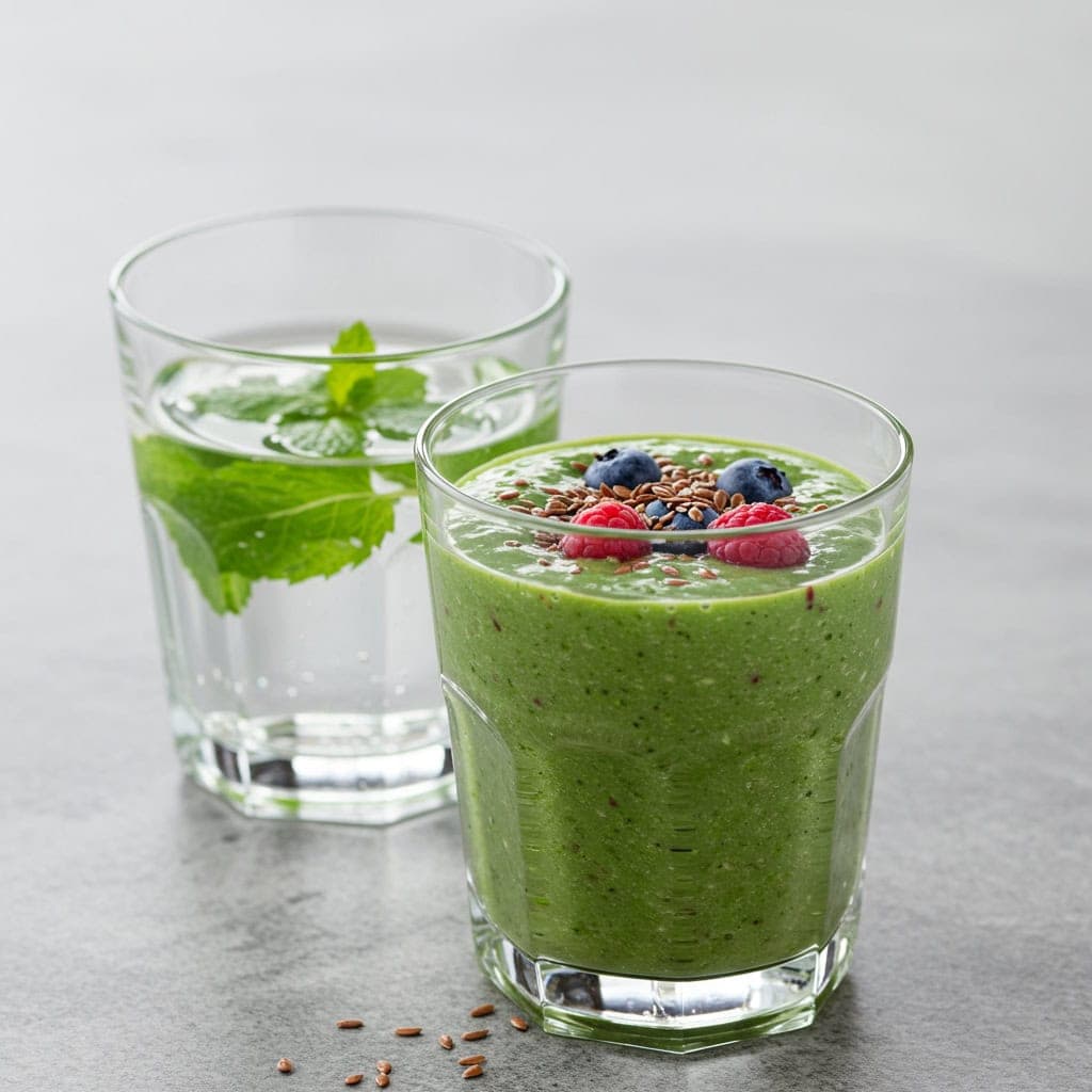 12. Protein Smoothie with Spinach, Berries, and Flaxseed + Water Infused with Mint