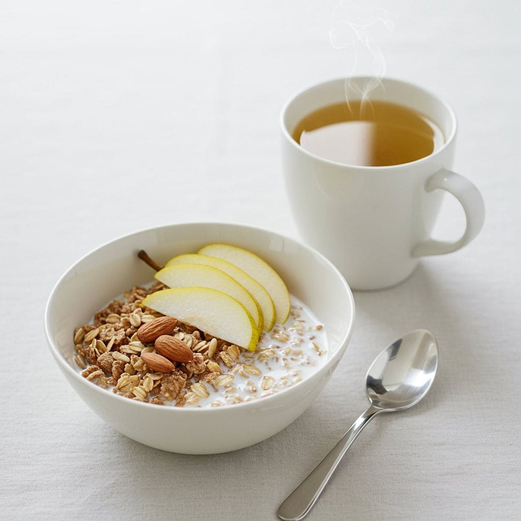 13. Muesli with Almond Milk and Sliced Pear + White Tea